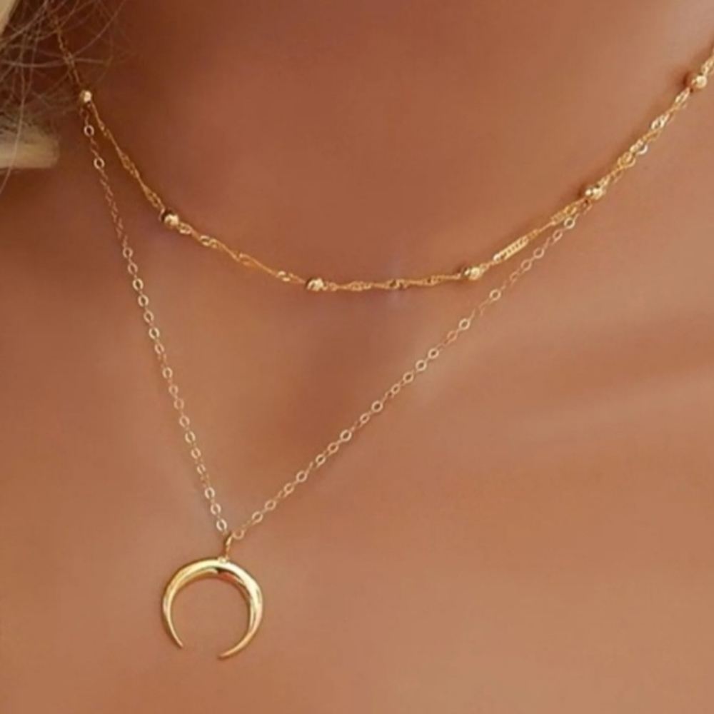 Layered Crescent Moon Necklace Gold Tone - Picture 6 of 8